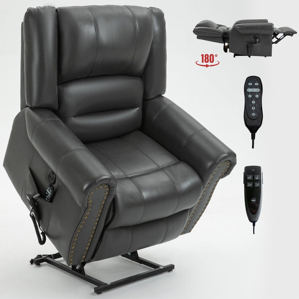 Fauteuil inclinable électrique en similicuir avec double moteur, massage thermique, ports USB et inclinaison infinie pour personnes âgées