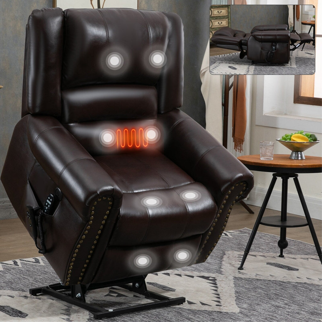Fauteuil inclinable électrique en similicuir avec double moteur, massage thermique, ports USB et inclinaison infinie pour personnes âgées