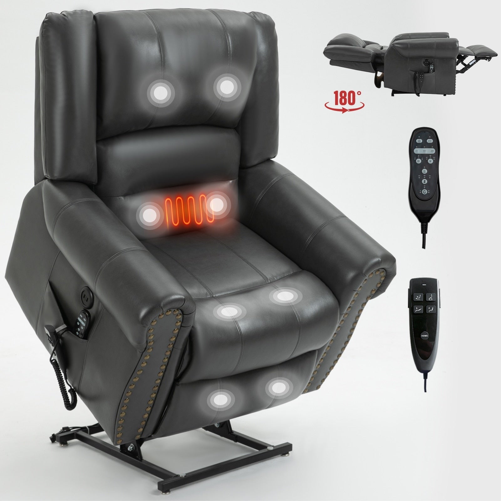 Fauteuil inclinable électrique en similicuir avec double moteur, massage thermique, ports USB et inclinaison infinie pour personnes âgées