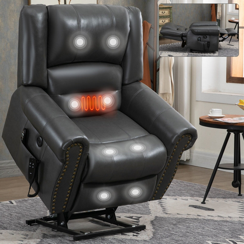 Fauteuil inclinable électrique en similicuir avec double moteur, massage thermique, ports USB et inclinaison infinie pour personnes âgées