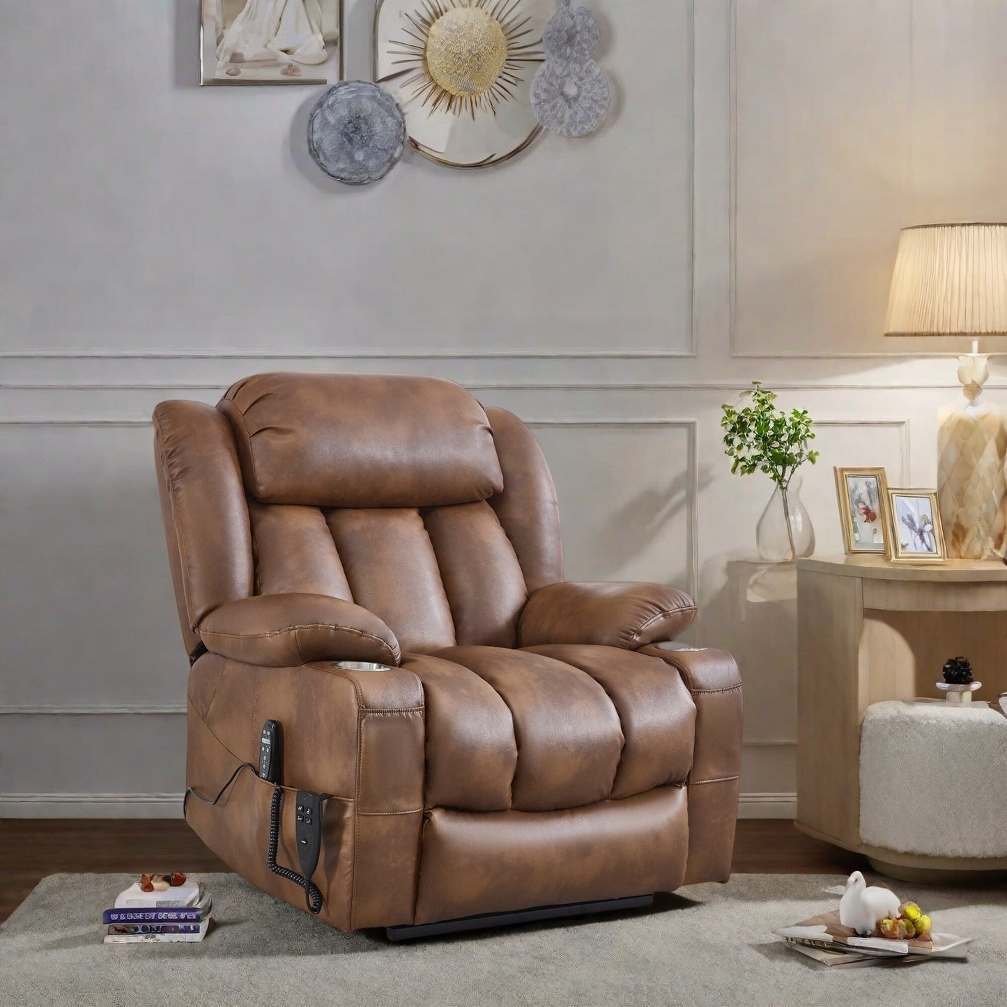 Fauteuil inclinable électrique en similicuir avec massage, chauffage, deux moteurs et porte-gobelets