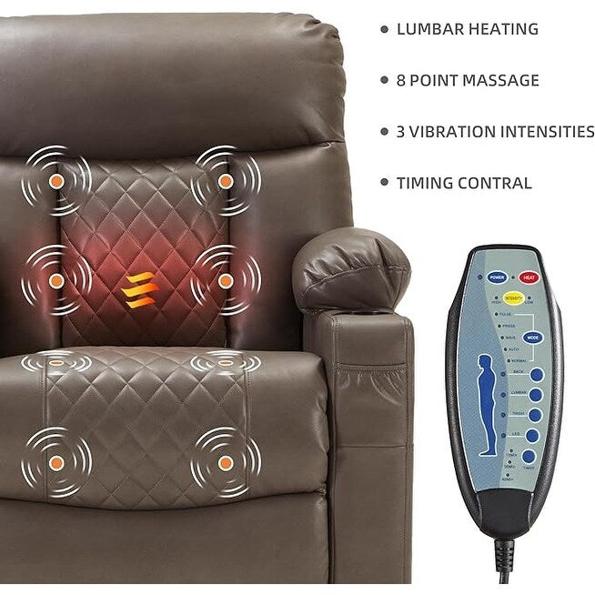 Fauteuil inclinable électrique en similicuir avec massage 8 points, chauffage lombaire, port USB, position à plat