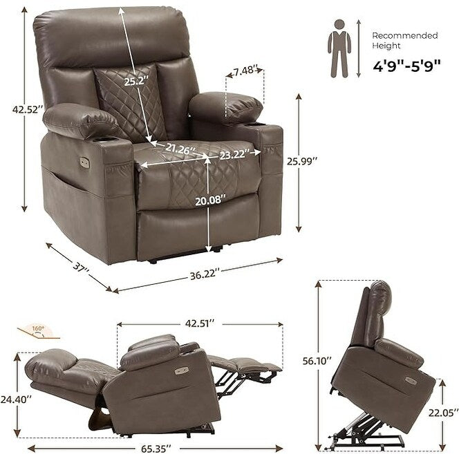 Fauteuil inclinable électrique en similicuir avec massage 8 points, chauffage lombaire, port USB, position à plat