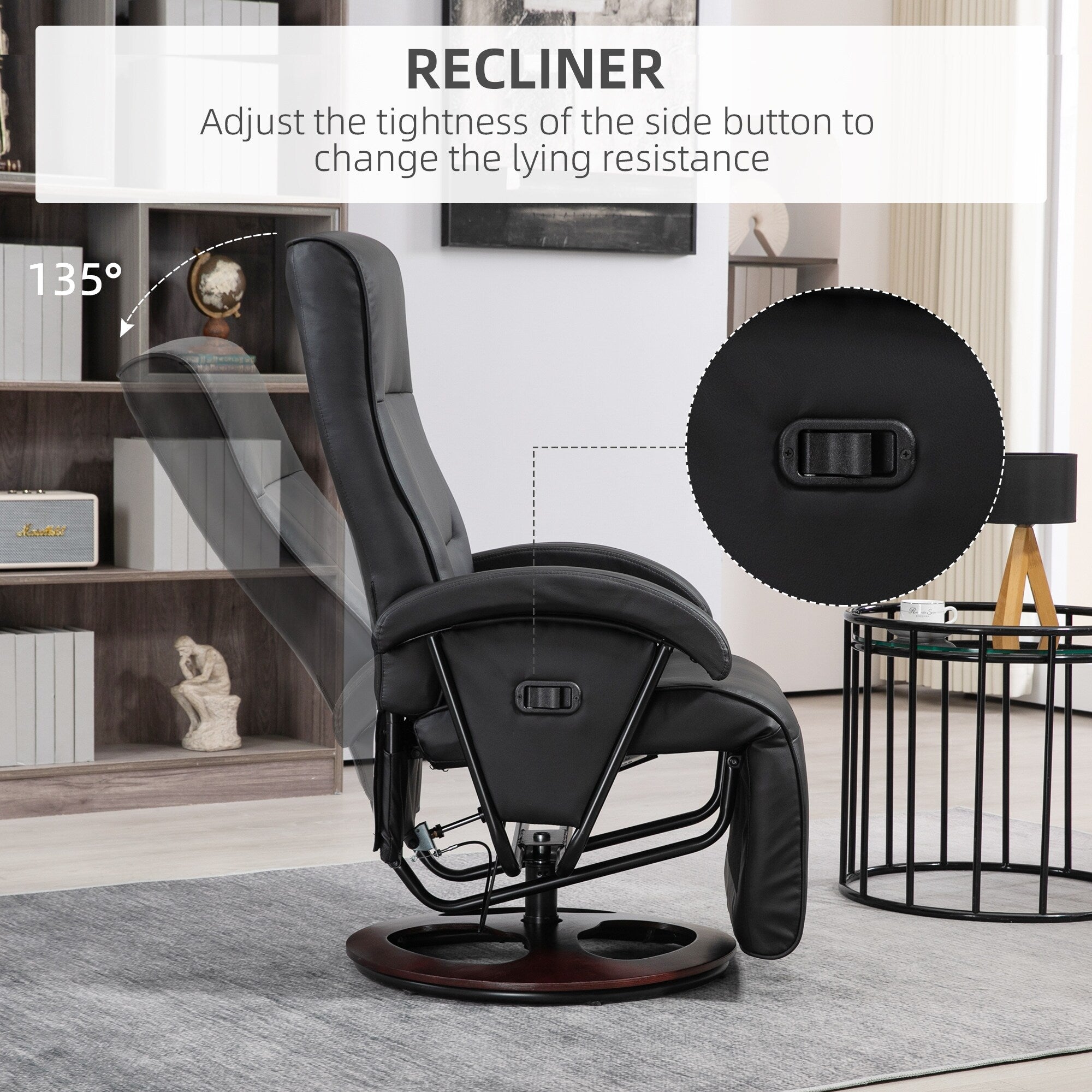 Fauteuil inclinable en similicuir, pivotant et réglable à 135°, avec repose-pieds, assise et accoudoirs rembourrés et base en bois pour le salon