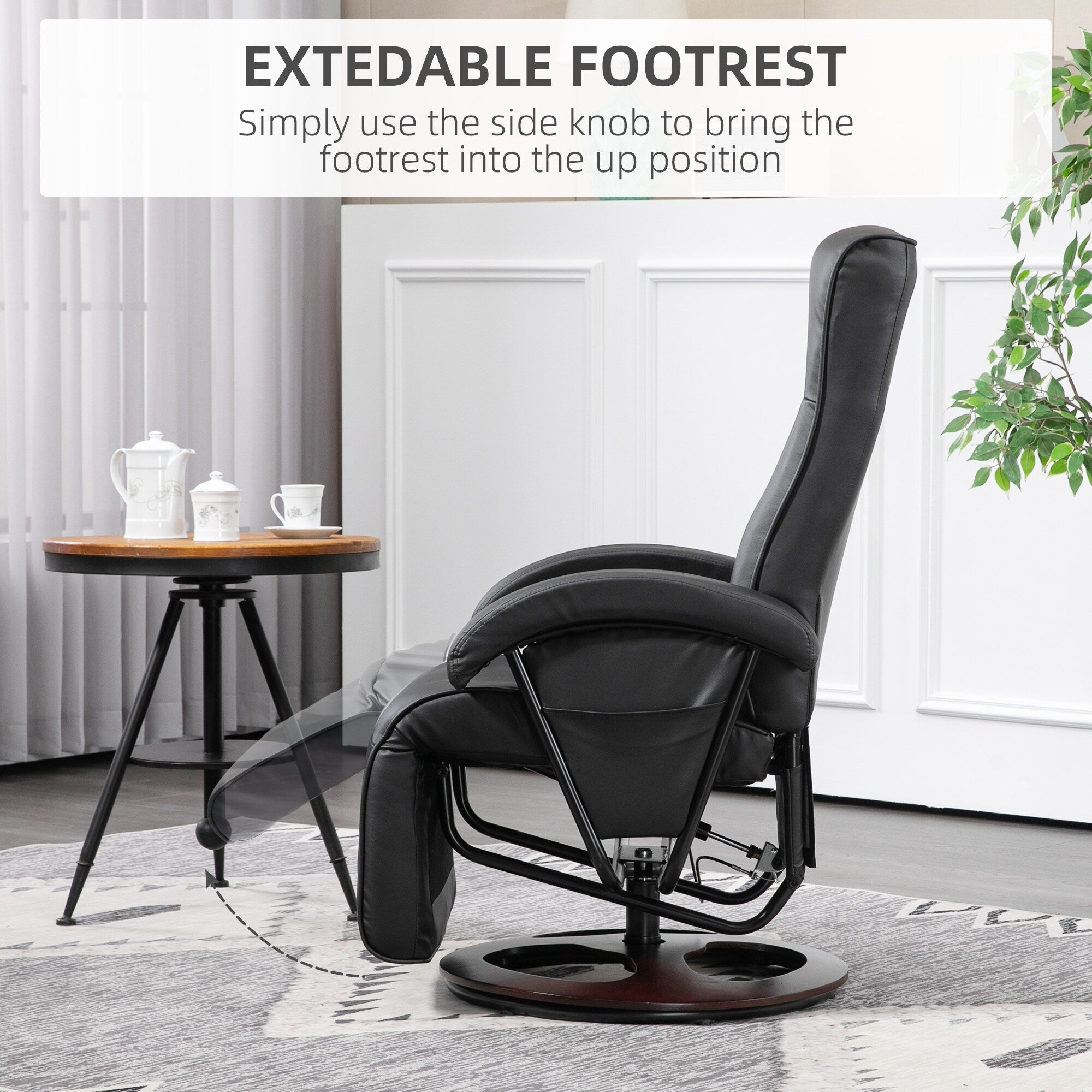 Fauteuil inclinable en similicuir, pivotant et réglable à 135°, avec repose-pieds, assise et accoudoirs rembourrés et base en bois pour le salon