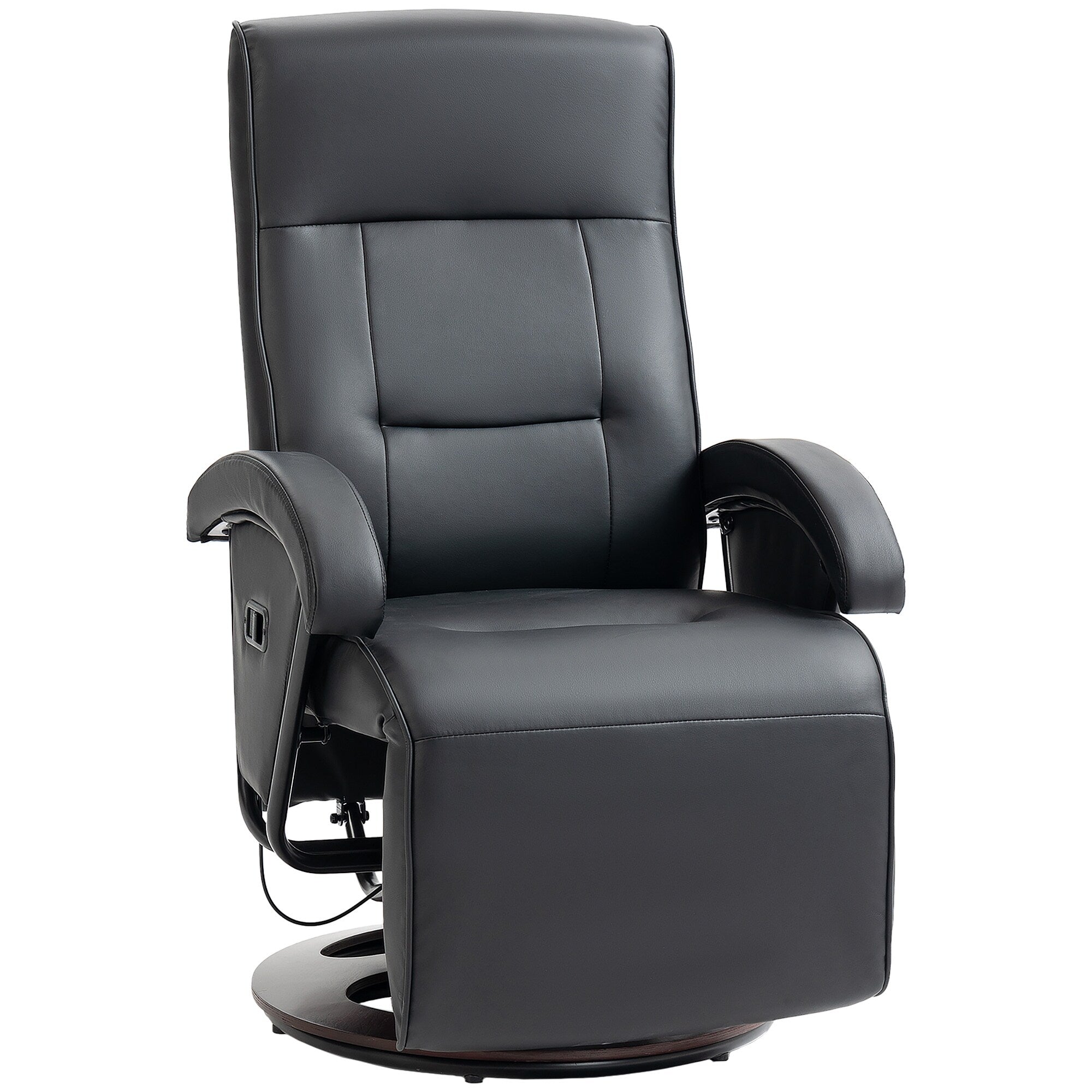 Fauteuil inclinable en similicuir, pivotant et réglable à 135°, avec repose-pieds, assise et accoudoirs rembourrés et base en bois pour le salon