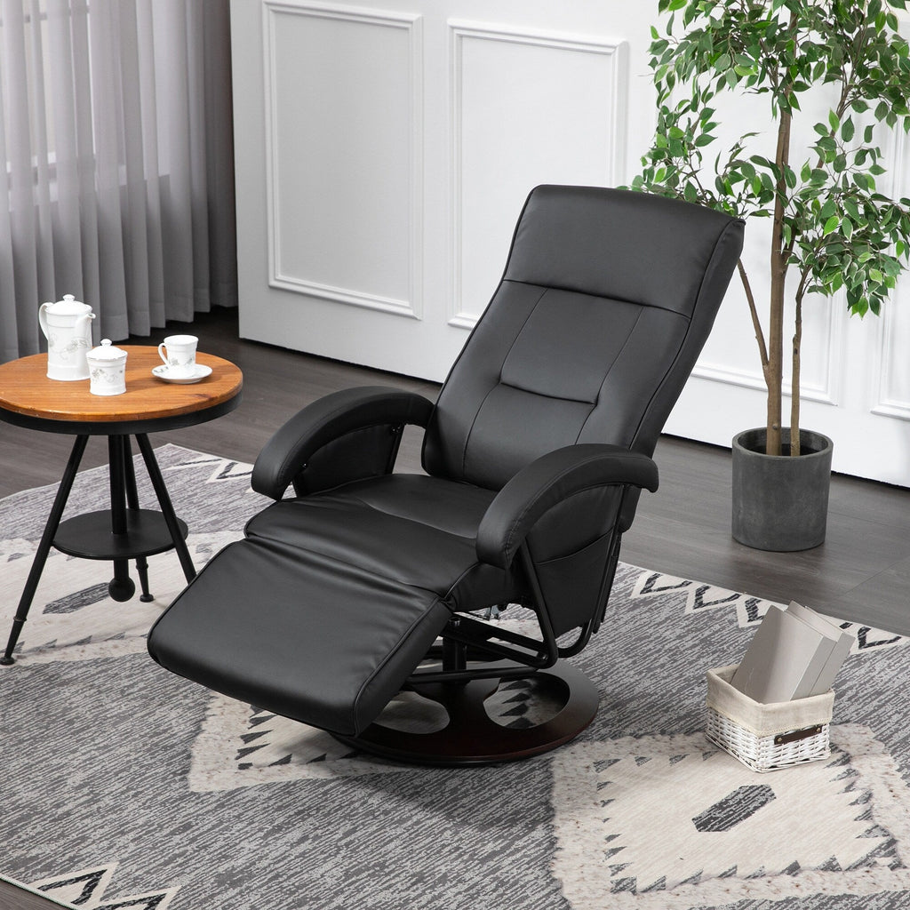 Fauteuil inclinable en similicuir, pivotant et réglable à 135°, avec repose-pieds, assise et accoudoirs rembourrés et base en bois pour le salon
