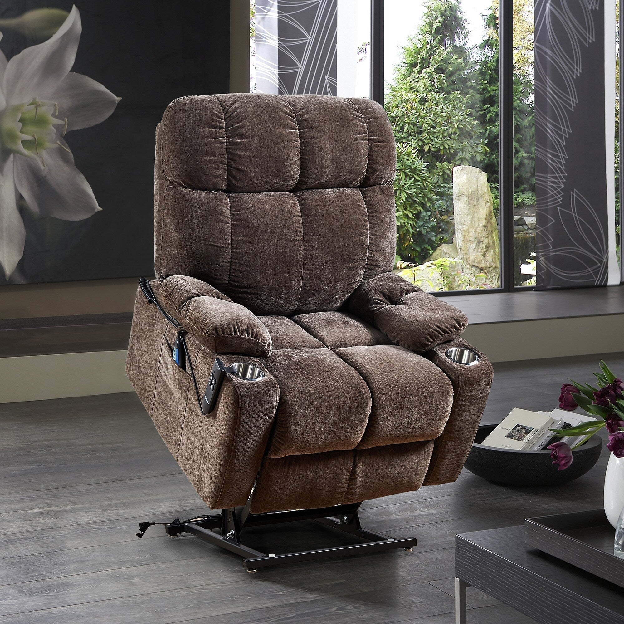 Fauteuil inclinable en similicuir, chaise longue pivotante réglable avec repose-pieds, accoudoirs et base en bois enveloppée pour le salon