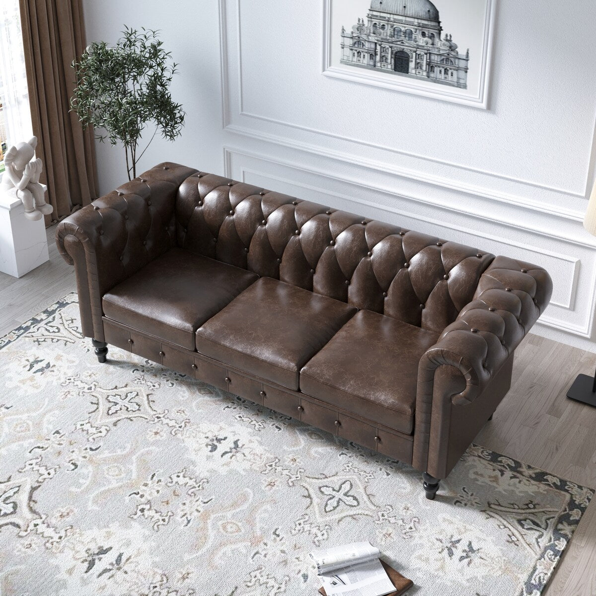 Canapé Chesterfield rembourré en similicuir - 3 places