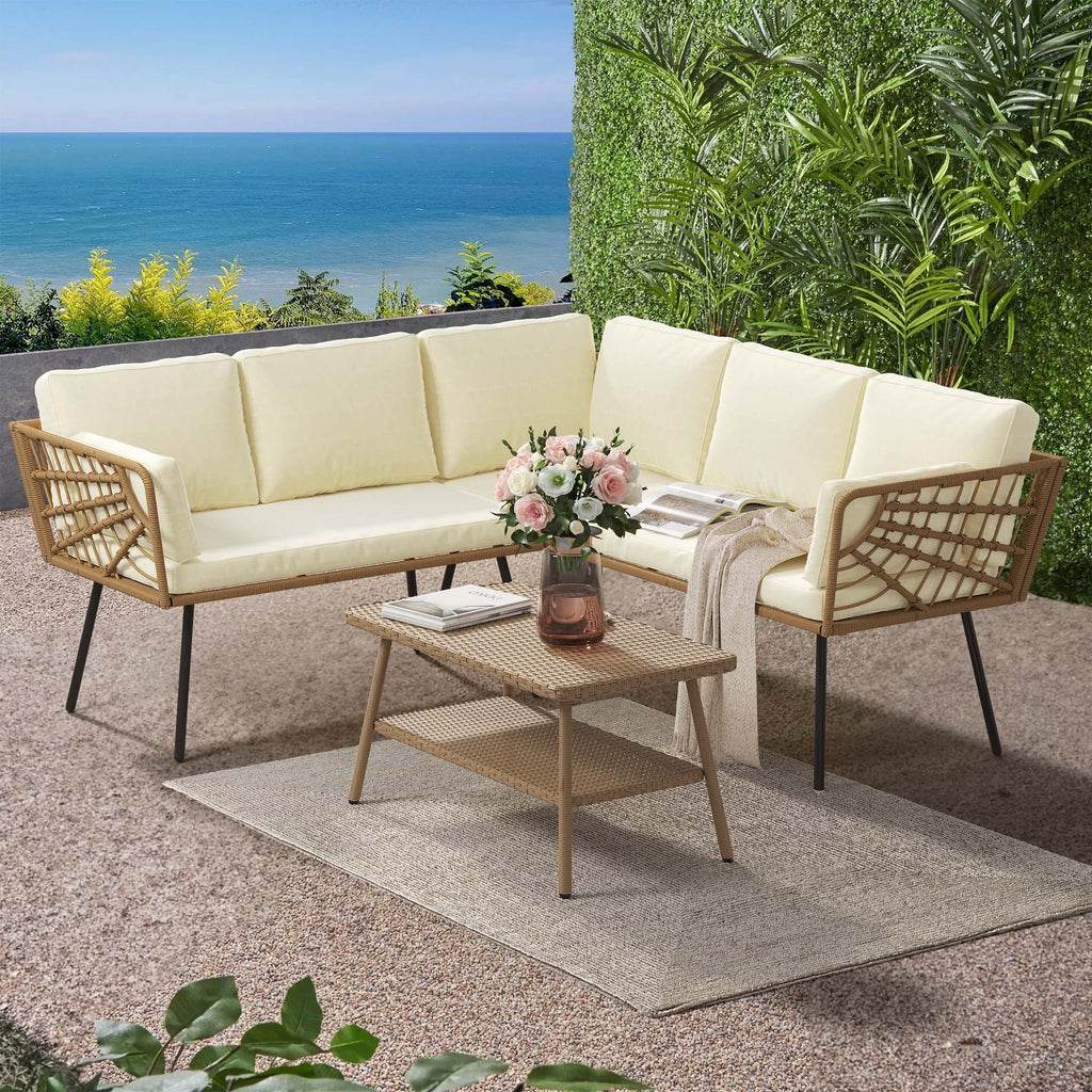 Ensemble de conversation pour patio extérieur Moasis 4 pièces, canapé sectionnel en osier, ensemble de canapé en forme de L avec table basse
