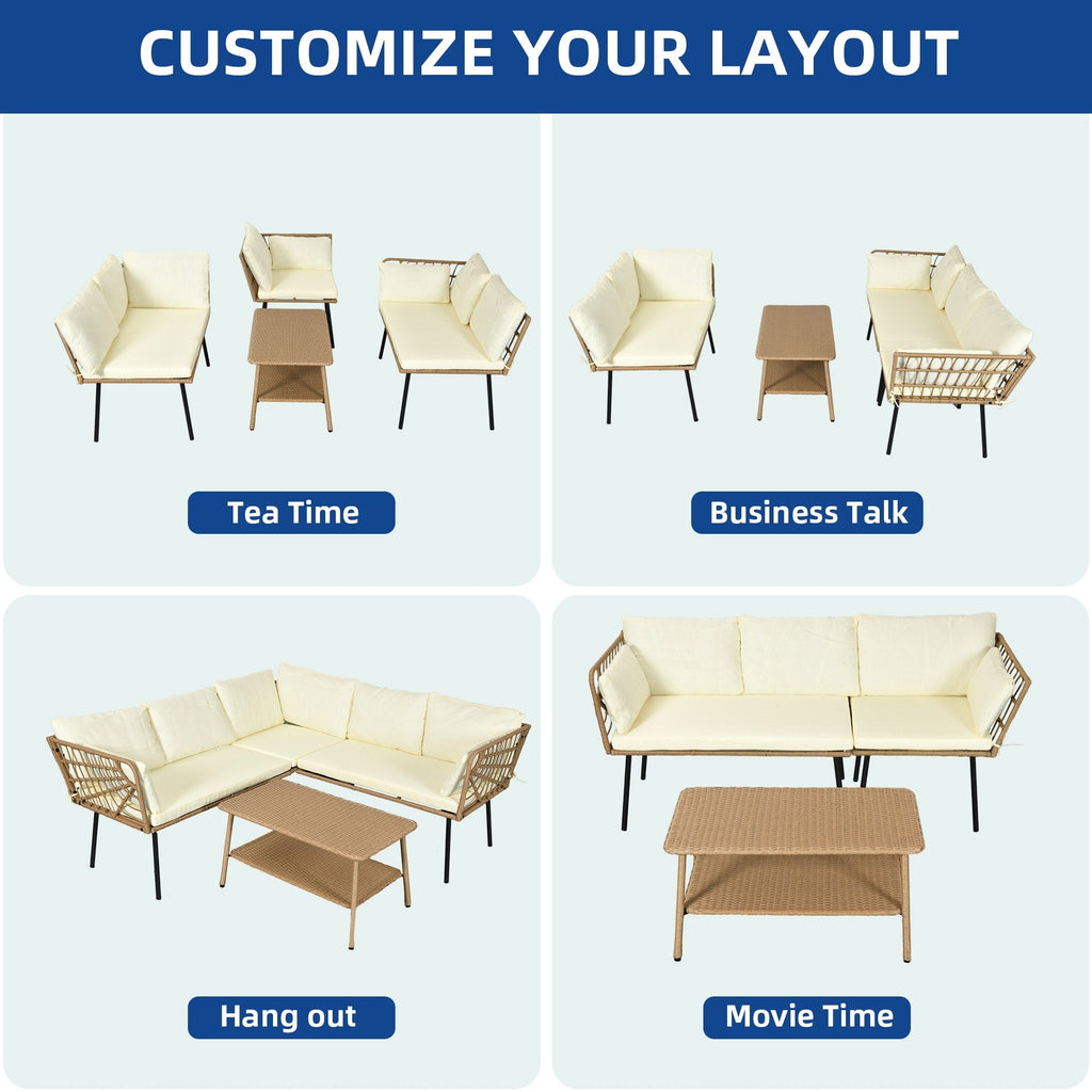 Ensemble de conversation pour patio extérieur Moasis 4 pièces, canapé sectionnel en osier, ensemble de canapé en forme de L avec table basse