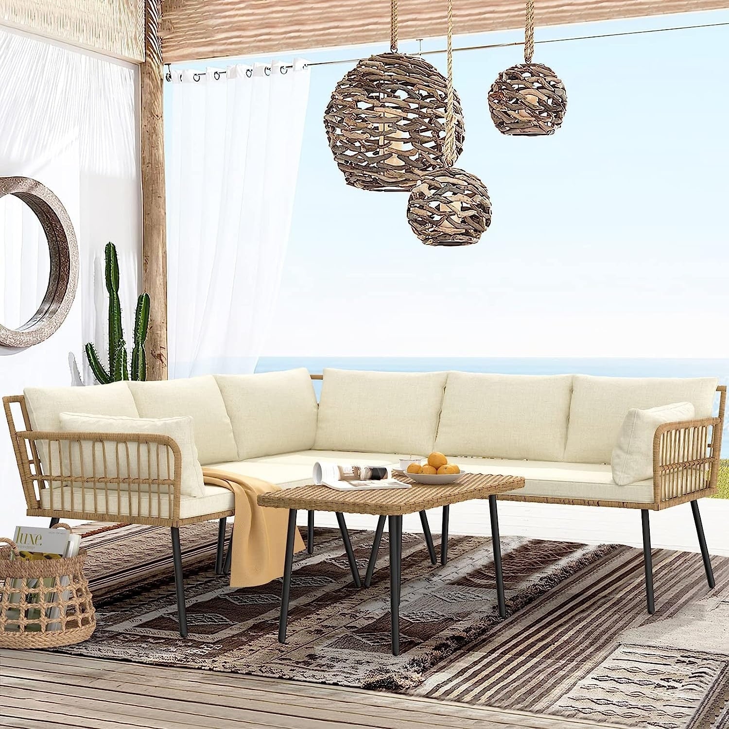 Ensemble de conversation pour patio extérieur Moasis 4 pièces, canapé sectionnel en osier, ensemble de canapé en forme de L avec table basse