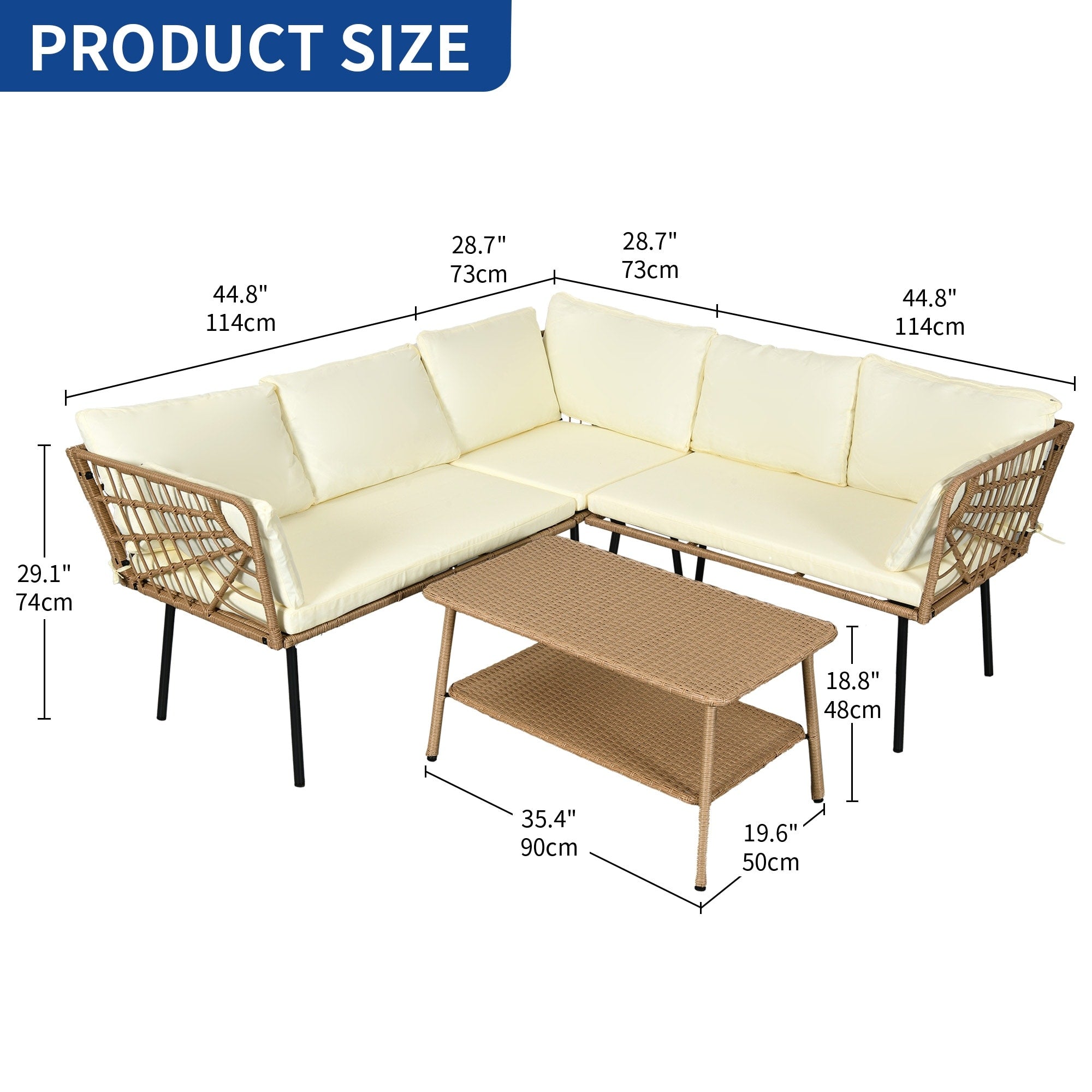 Ensemble de conversation pour patio extérieur Moasis 4 pièces, canapé sectionnel en osier, ensemble de canapé en forme de L avec table basse