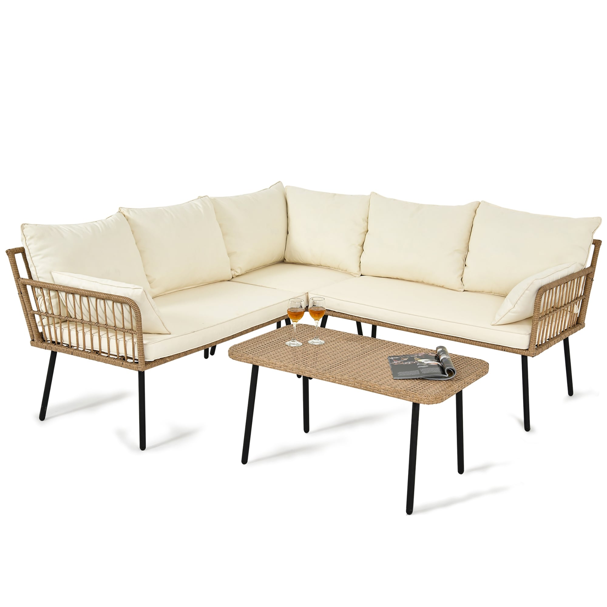Ensemble de conversation pour patio extérieur Moasis 4 pièces, canapé sectionnel en osier, ensemble de canapé en forme de L avec table basse