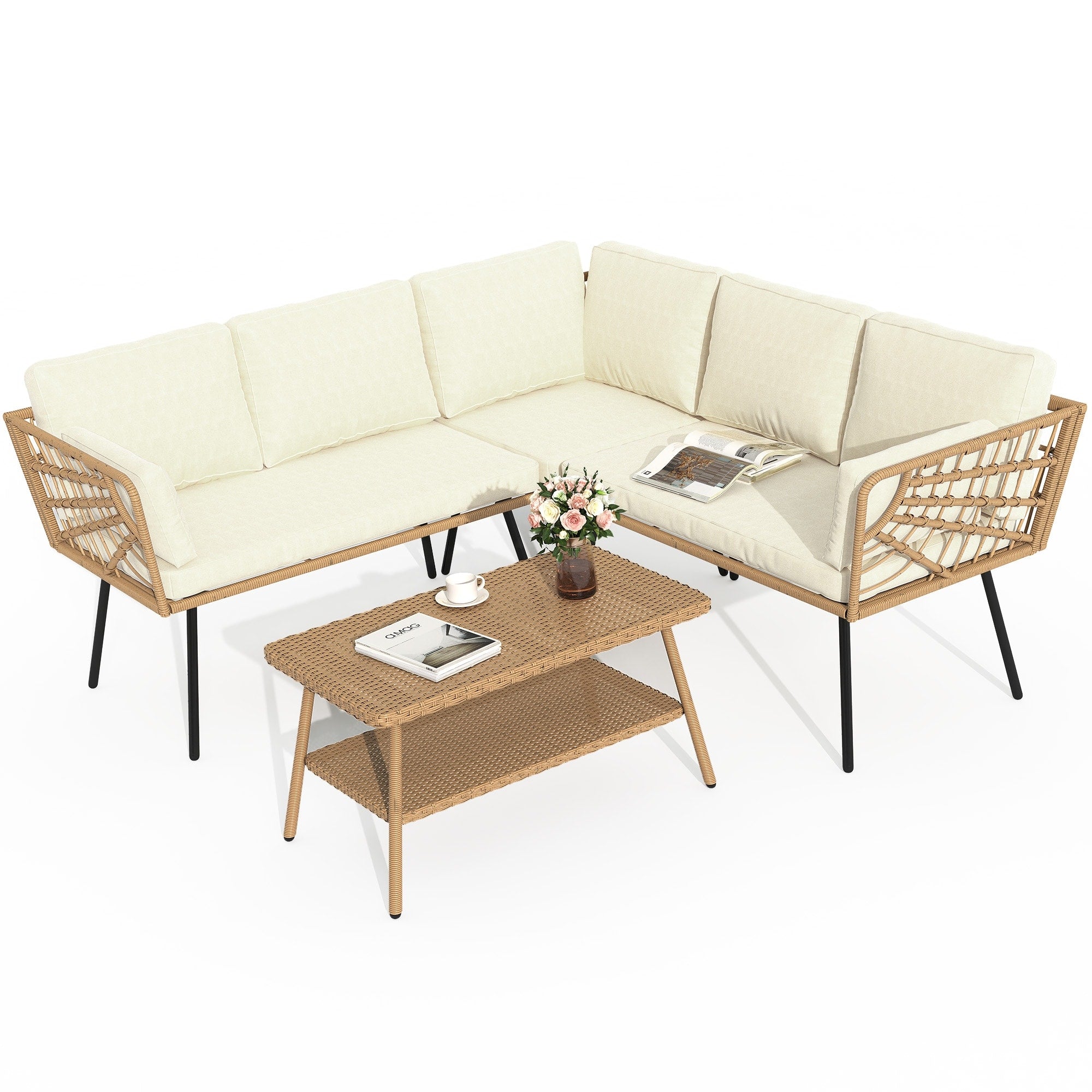 Ensemble de conversation pour patio extérieur Moasis 4 pièces, canapé sectionnel en osier, ensemble de canapé en forme de L avec table basse