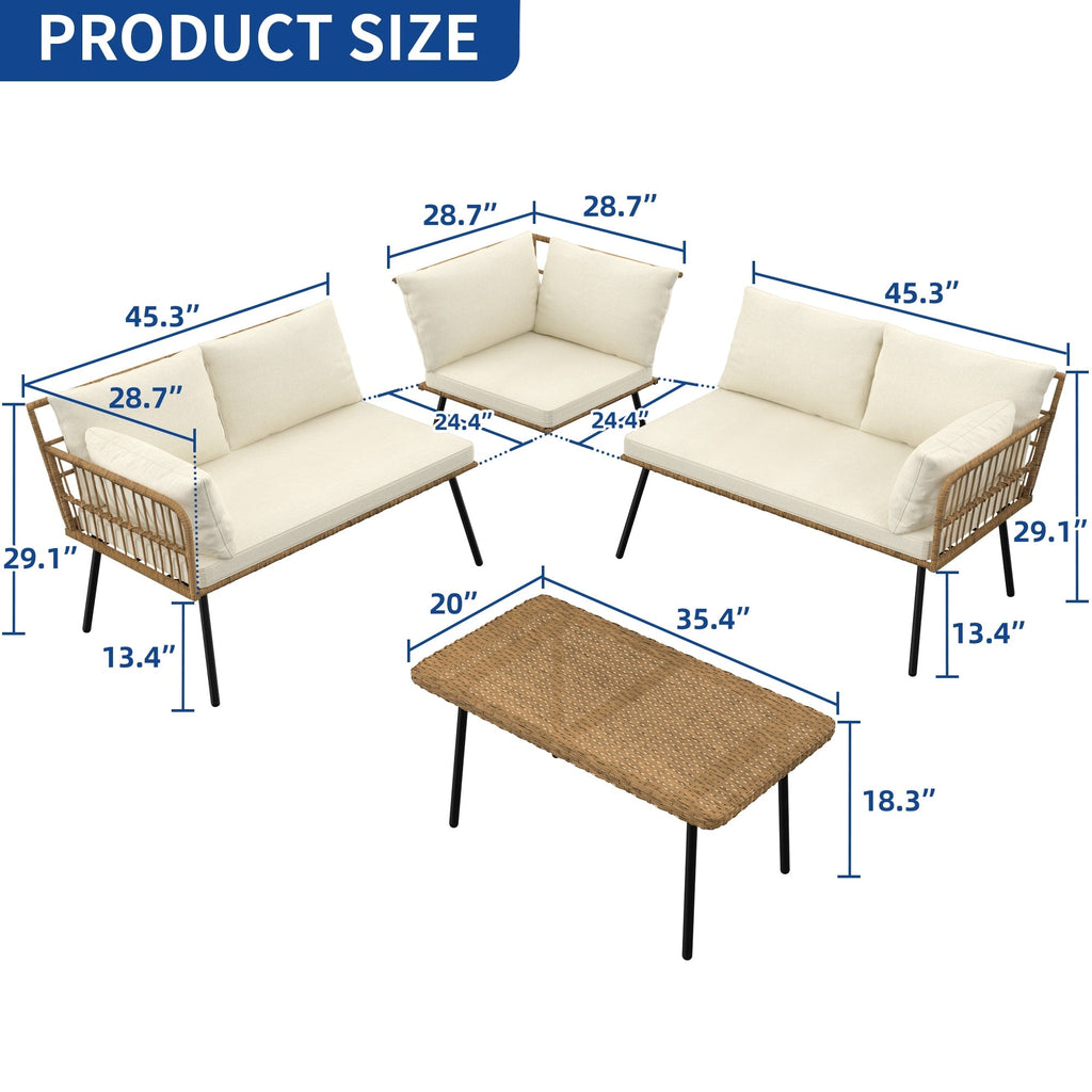 Ensemble de conversation pour patio extérieur Moasis 4 pièces, canapé sectionnel en osier, ensemble de canapé en forme de L avec table basse