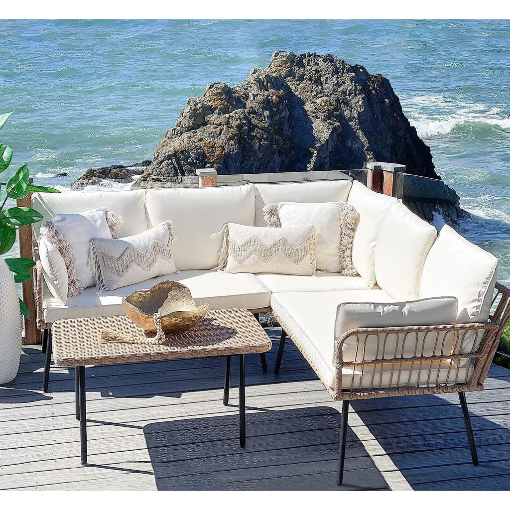 Ensemble de conversation pour patio extérieur Moasis 4 pièces, canapé sectionnel en osier, ensemble de canapé en forme de L avec table basse