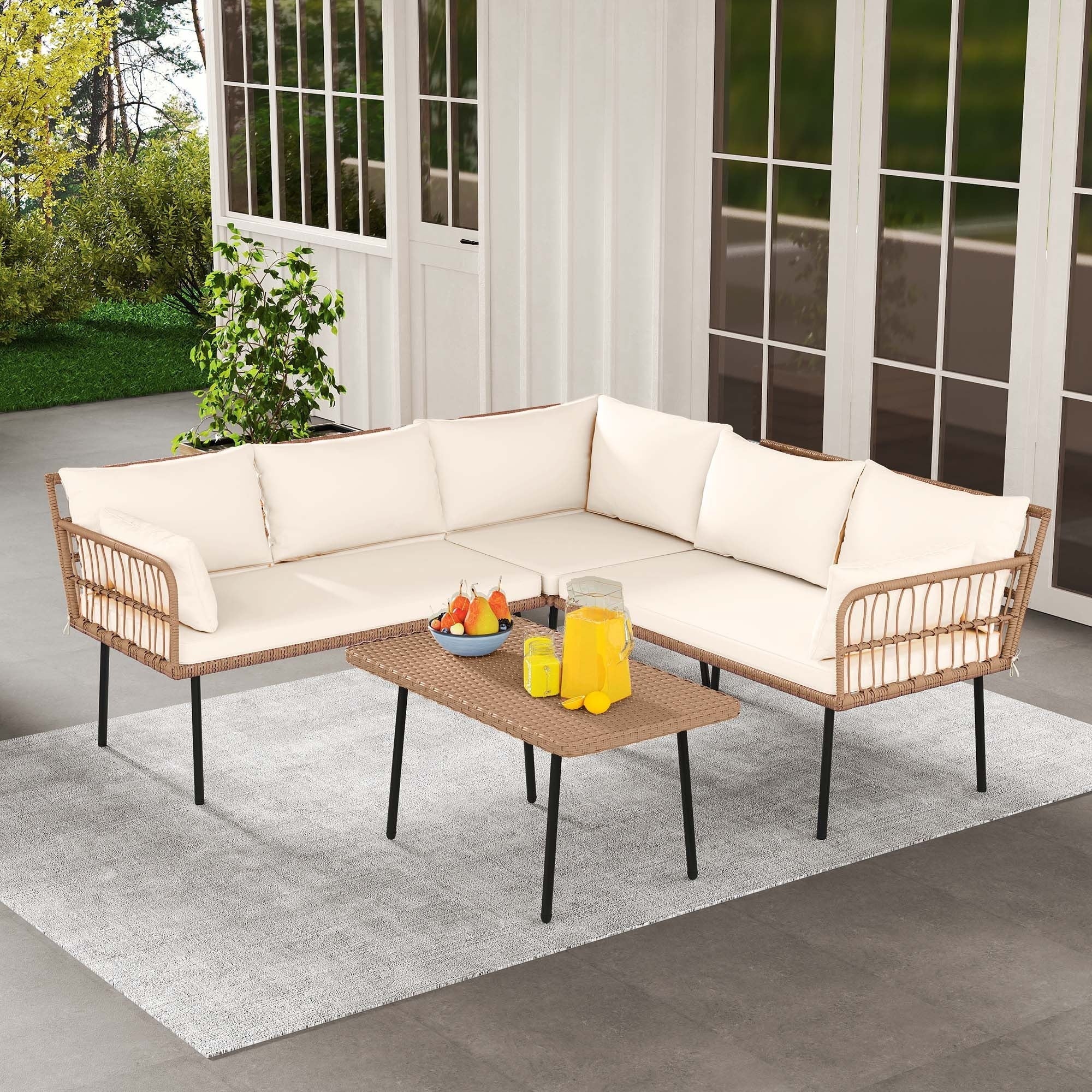 Ensemble de meubles de jardin Fernald Wicker 4 pièces, canapé d'extérieur en rotin, sectionnel et en L, 5 places, gris