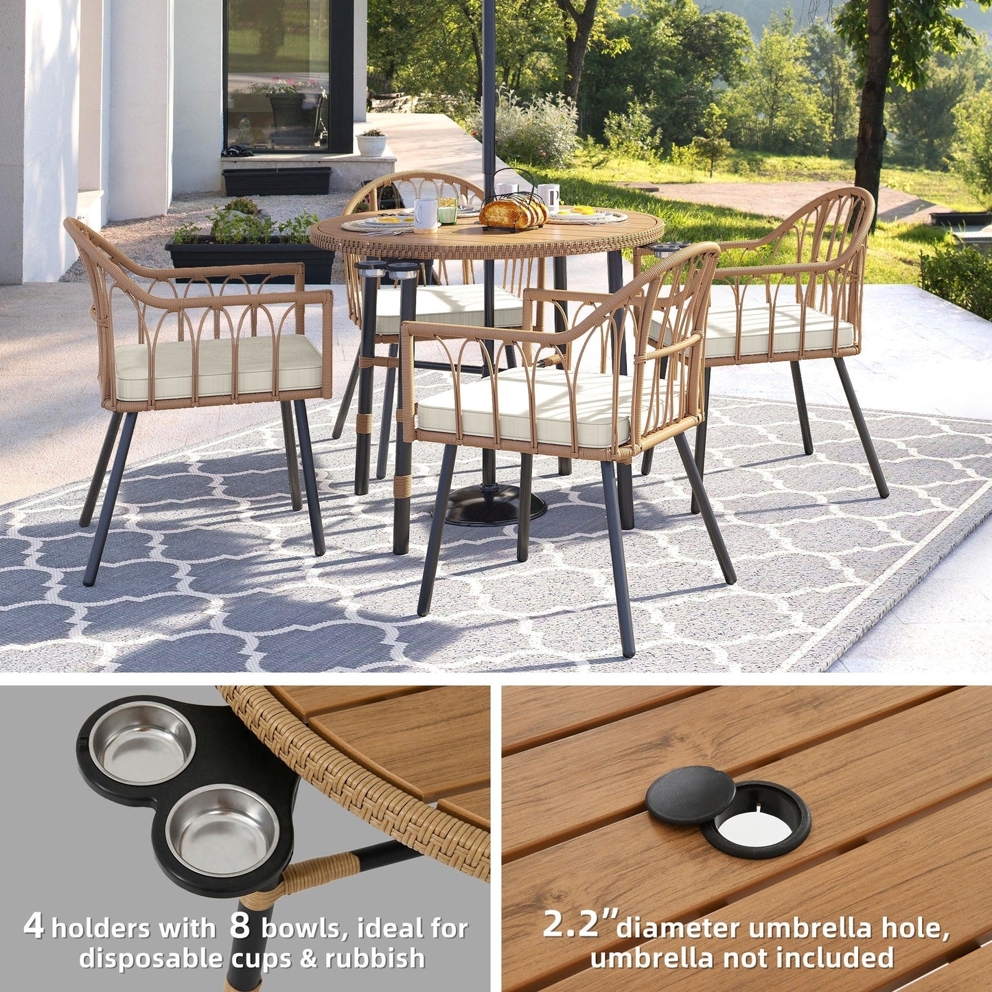 Ensemble de salle à manger d'extérieur en rotin Moasis 5 pièces, chaises et table en osier avec trou pour parasol