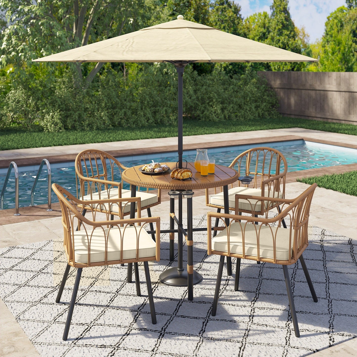 Ensemble de salle à manger d'extérieur en rotin Moasis 5 pièces, chaises et table en osier avec trou pour parasol