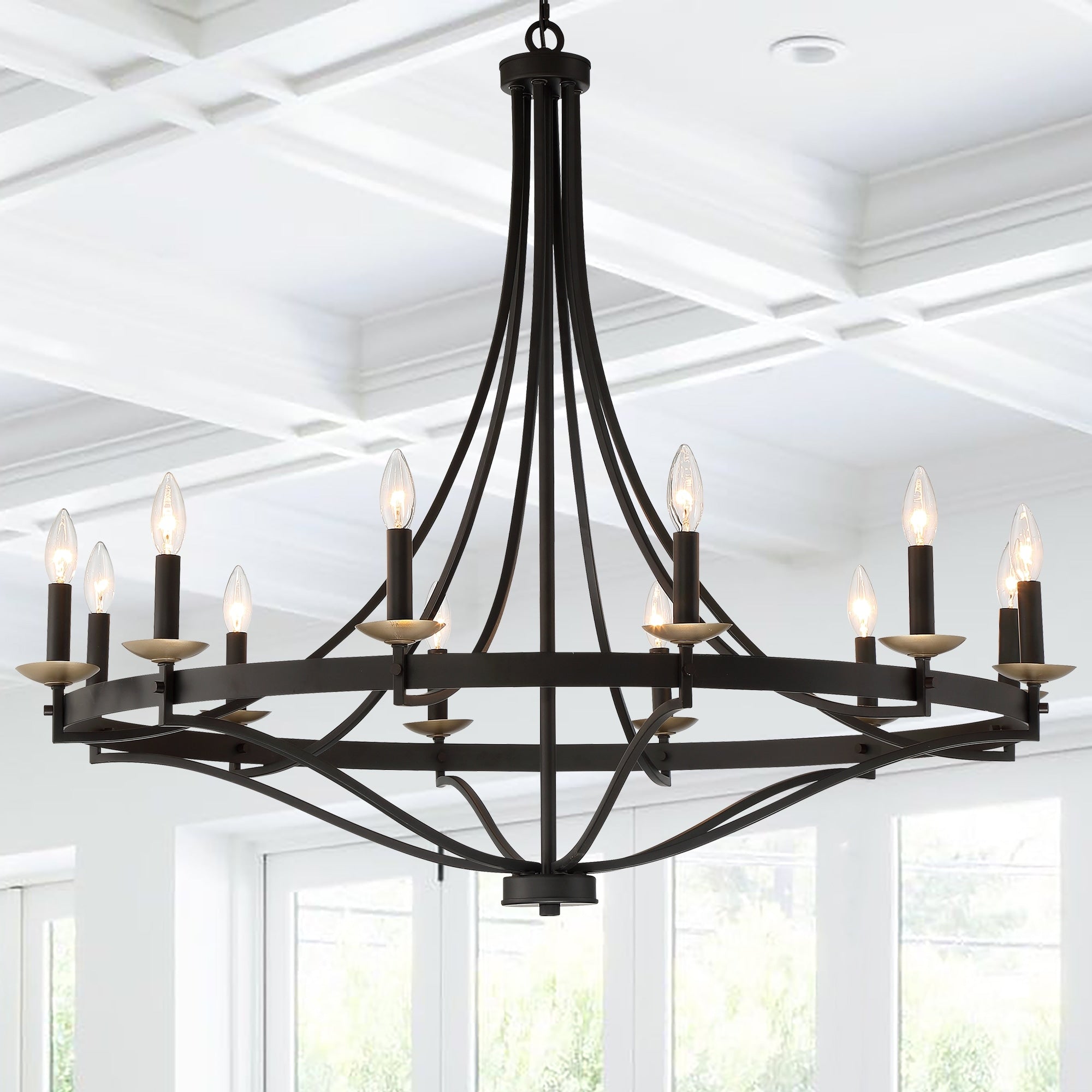Lustre Fidenza à 12 lumières, style Empire, style ferme moderne, avec roue de chariot et UL - D40'' * H135''