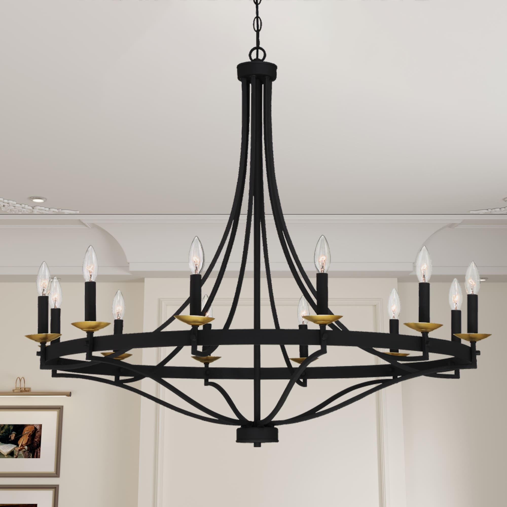 Lustre Fidenza à 12 lumières, style Empire, style ferme moderne, avec roue de chariot et UL - D40'' * H135''