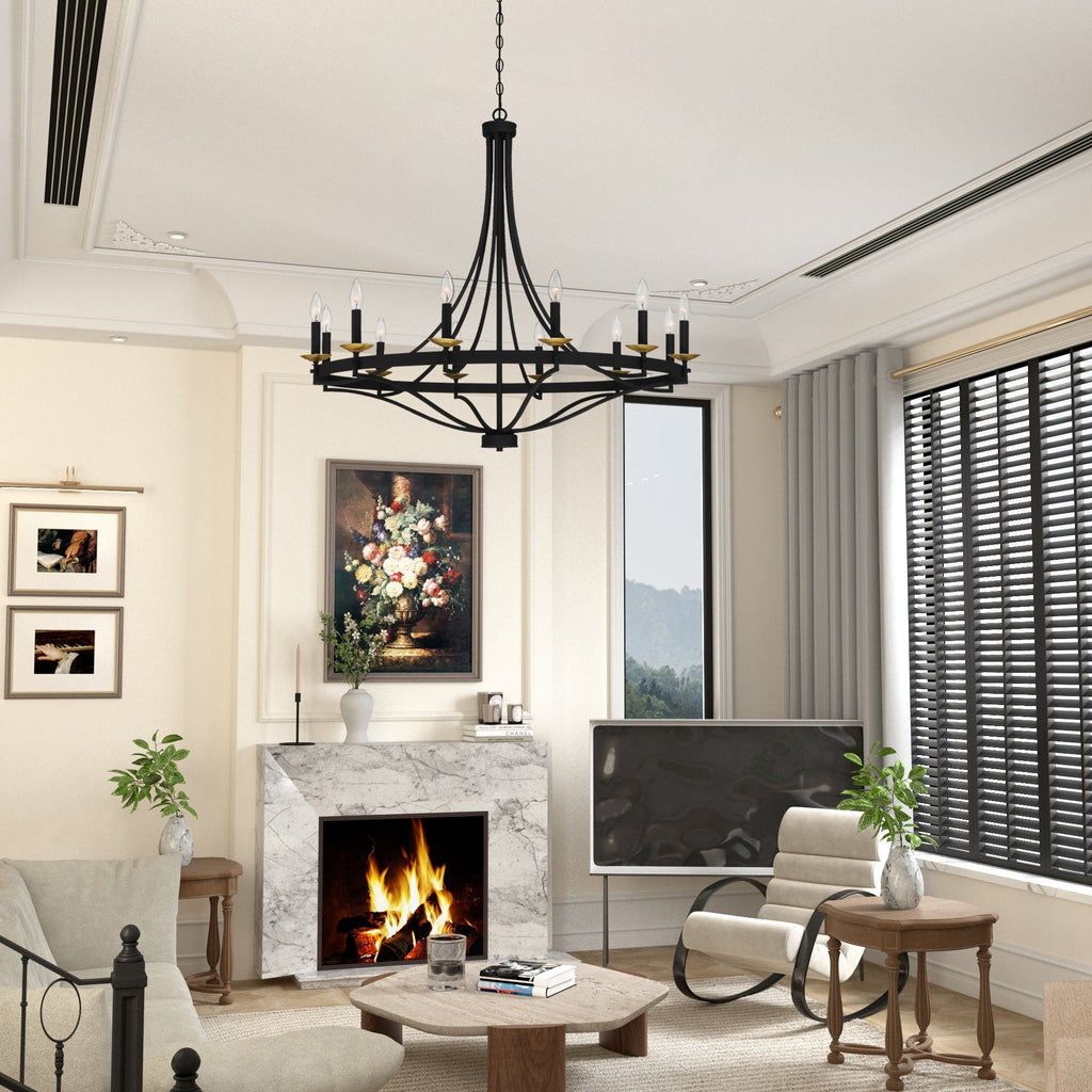 Lustre Fidenza à 12 lumières, style Empire, style ferme moderne, avec roue de chariot et UL - D40'' * H135''