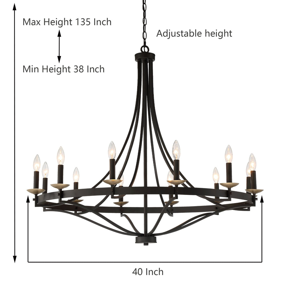 Lustre Fidenza à 12 lumières, style Empire, style ferme moderne, avec roue de chariot et UL - D40'' * H135''