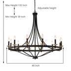 Lustre Fidenza à 12 lumières, style Empire, style ferme moderne, avec roue de chariot et UL - D40'' * H135''
