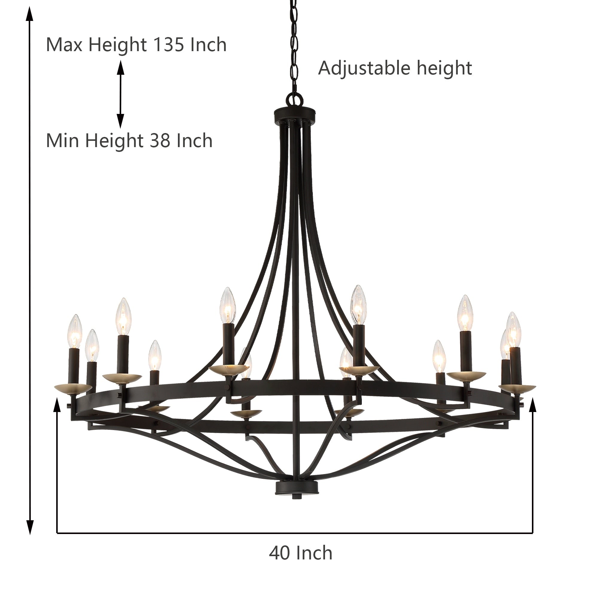 Lustre Fidenza à 12 lumières, style Empire, style ferme moderne, avec roue de chariot et UL - D40'' * H135''