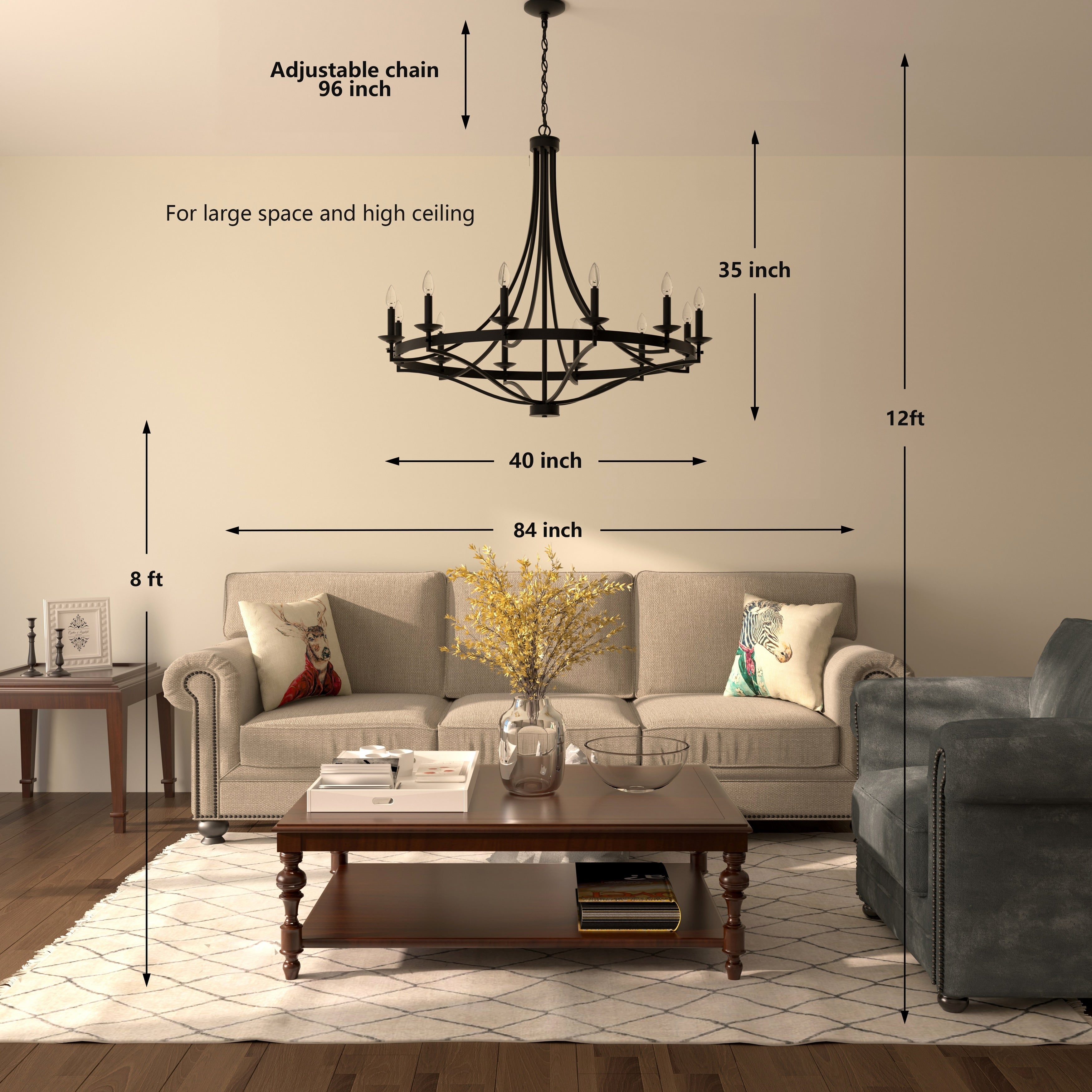 Lustre Fidenza à 12 lumières, style Empire, style ferme moderne, avec roue de chariot et UL - D40'' * H135''