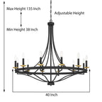 Lustre Fidenza à 12 lumières, style Empire, style ferme moderne, avec roue de chariot et UL - D40'' * H135''