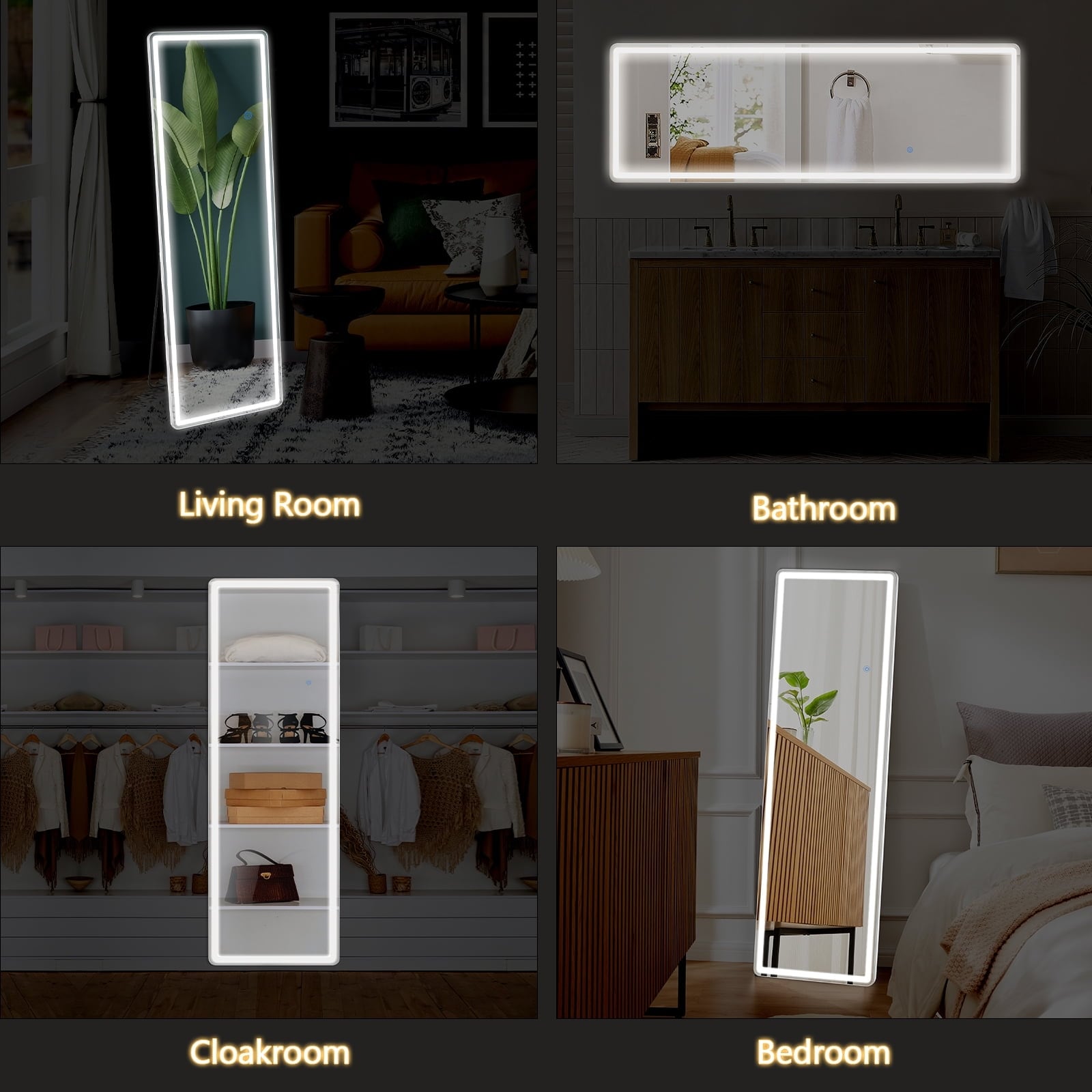 Miroir de sol avec éclairage LED, miroir pleine longueur 64 x 21 avec support, miroir suspendu, miroir mural, miroir intégral