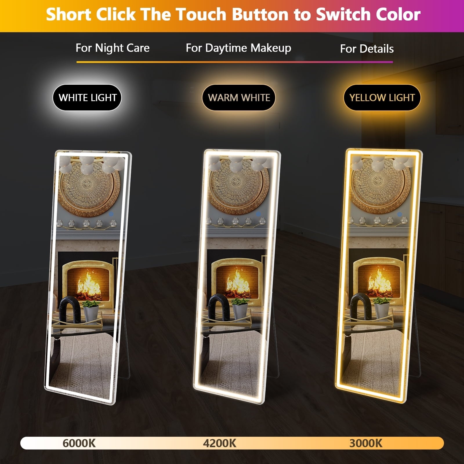 Miroir de sol avec éclairage LED, miroir pleine longueur 64 x 21 avec support, miroir suspendu, miroir mural, miroir intégral