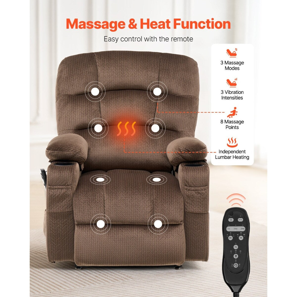 Fauteuil releveur à double moteur en flanelle, massage, chauffage et ports USB