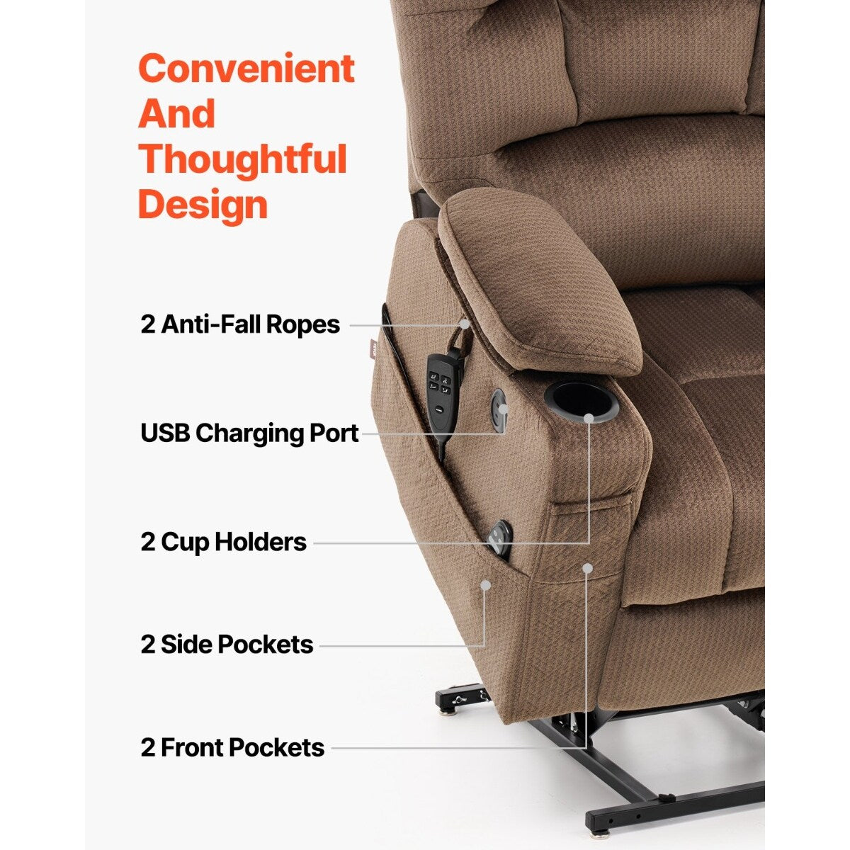 Fauteuil releveur à double moteur en flanelle, massage, chauffage et ports USB