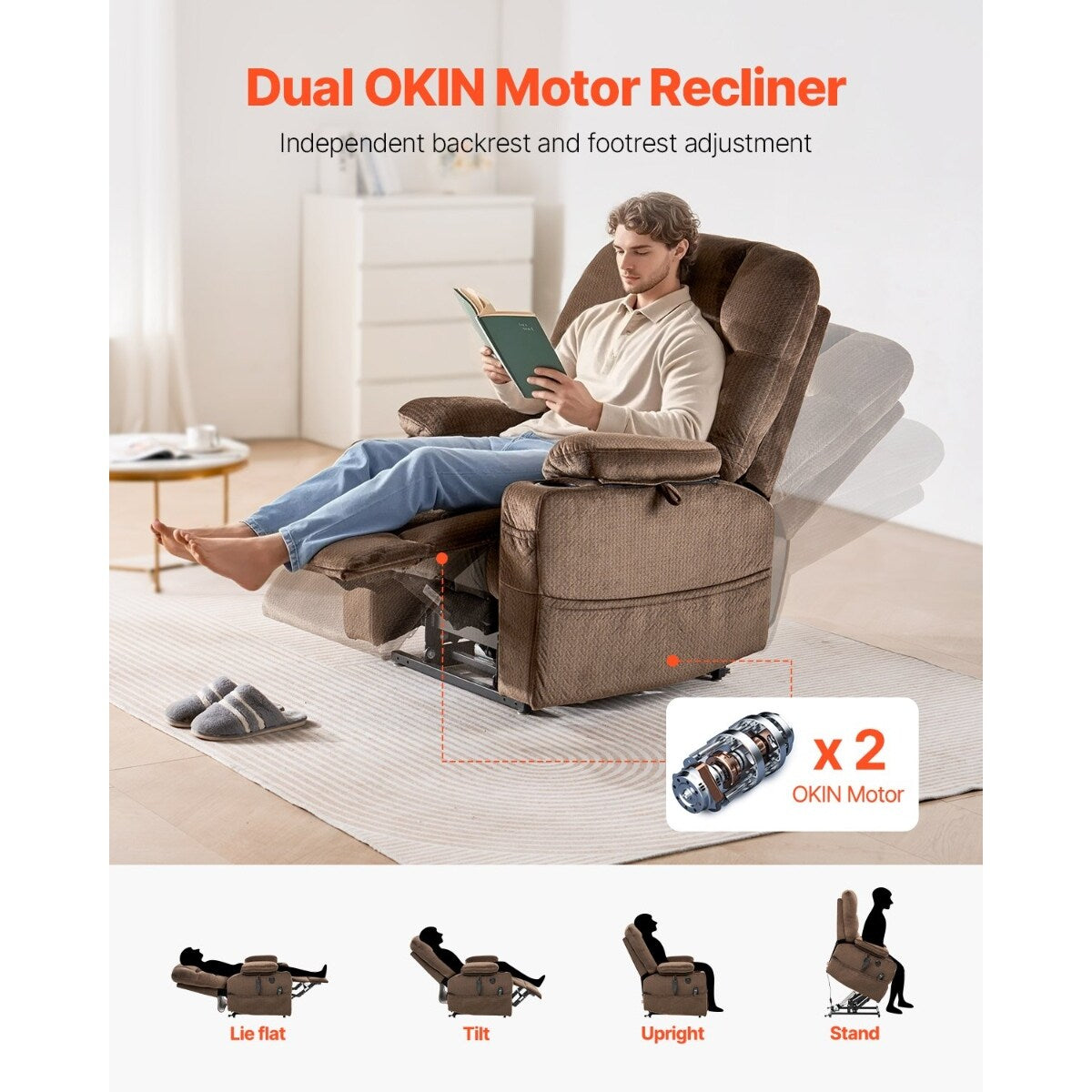 Fauteuil releveur à double moteur en flanelle, massage, chauffage et ports USB