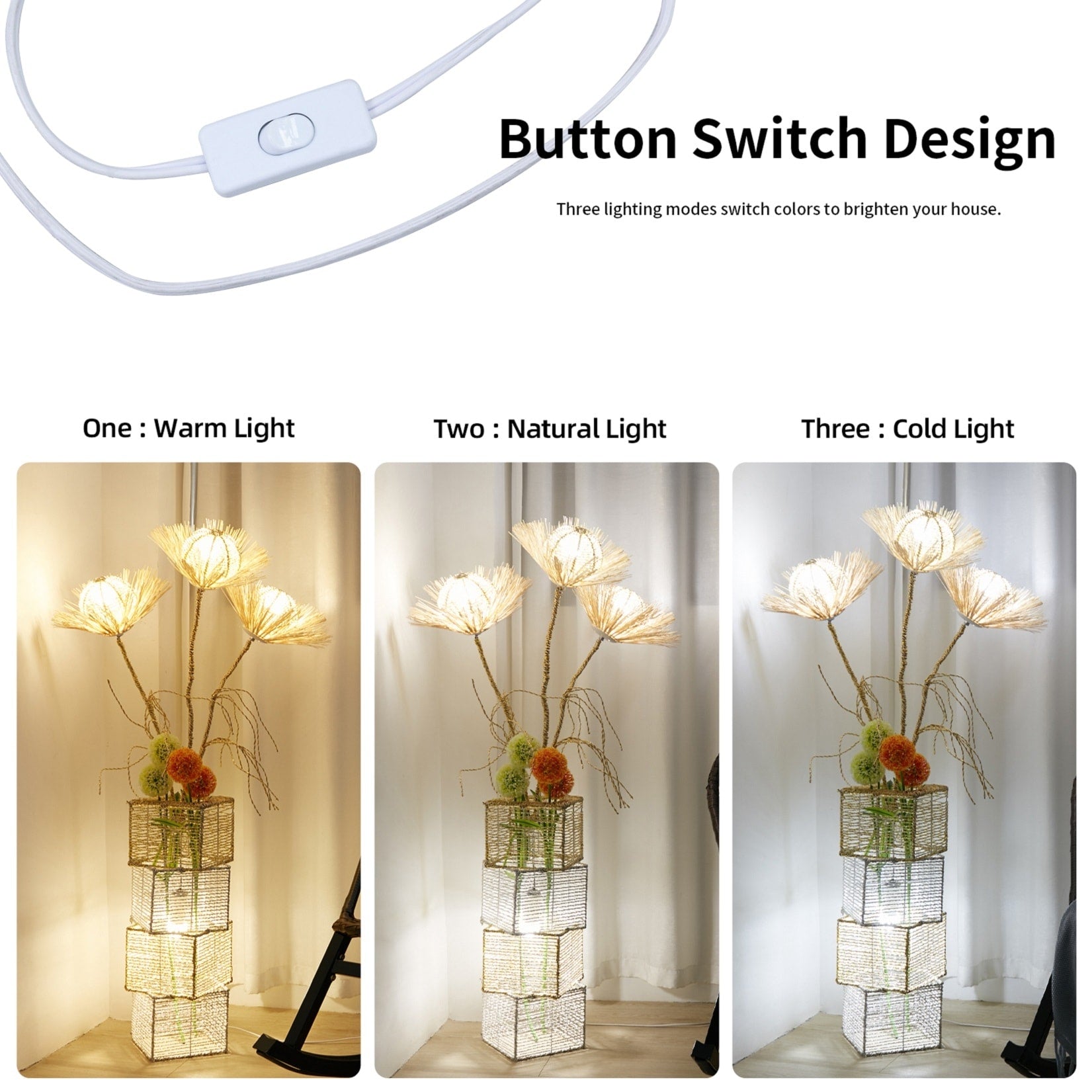 Lampadaire pastoral avec veilleuse LED en rotin tissé à la main – 27,5 cm (l) x 130 cm (h)