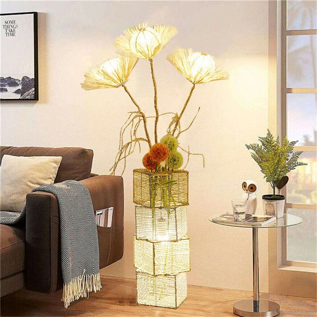 Lampadaire pastoral avec veilleuse LED en rotin tissé à la main – 27,5 cm (l) x 130 cm (h)