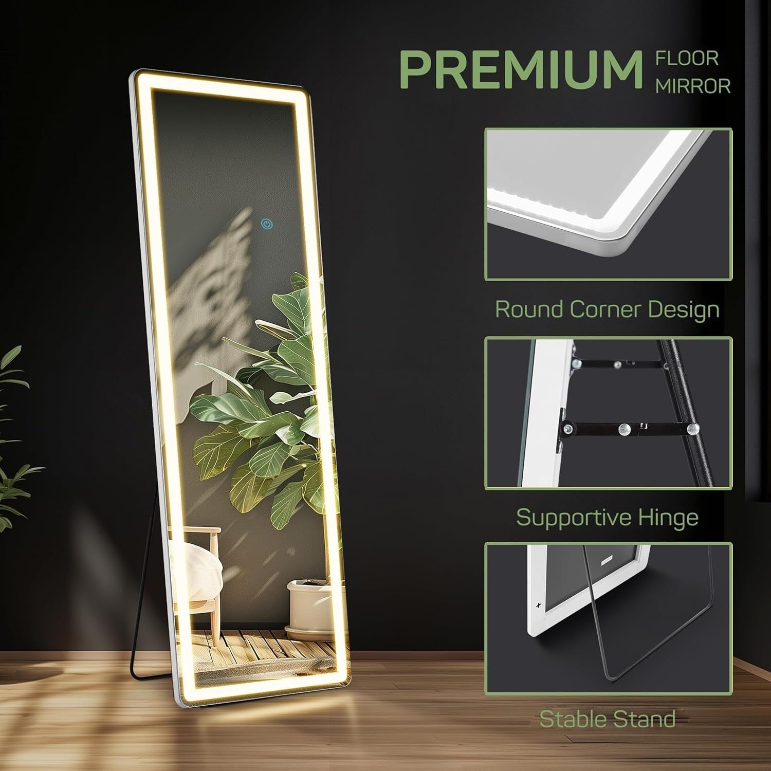 Miroir de sol avec éclairage LED, miroir pleine longueur 64 x 21 avec support, miroir suspendu, miroir mural, miroir intégral