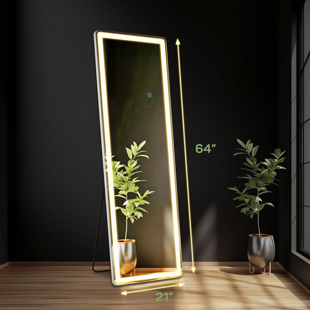 Miroir de sol avec éclairage LED, miroir pleine longueur 64 x 21 avec support, miroir suspendu, miroir mural, miroir intégral