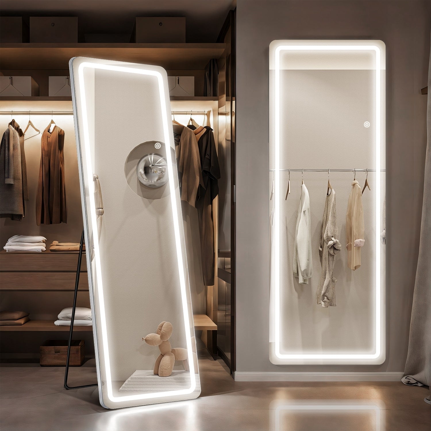 Miroir de sol avec éclairage LED, miroir pleine longueur 64 x 21 avec support, miroir suspendu, miroir mural, miroir intégral