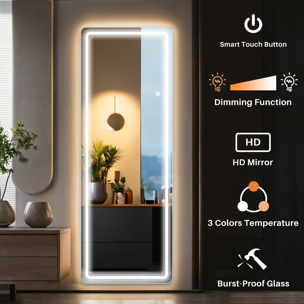 Miroir de sol avec éclairage LED, miroir pleine longueur 64 x 21 avec support, miroir suspendu, miroir mural, miroir intégral