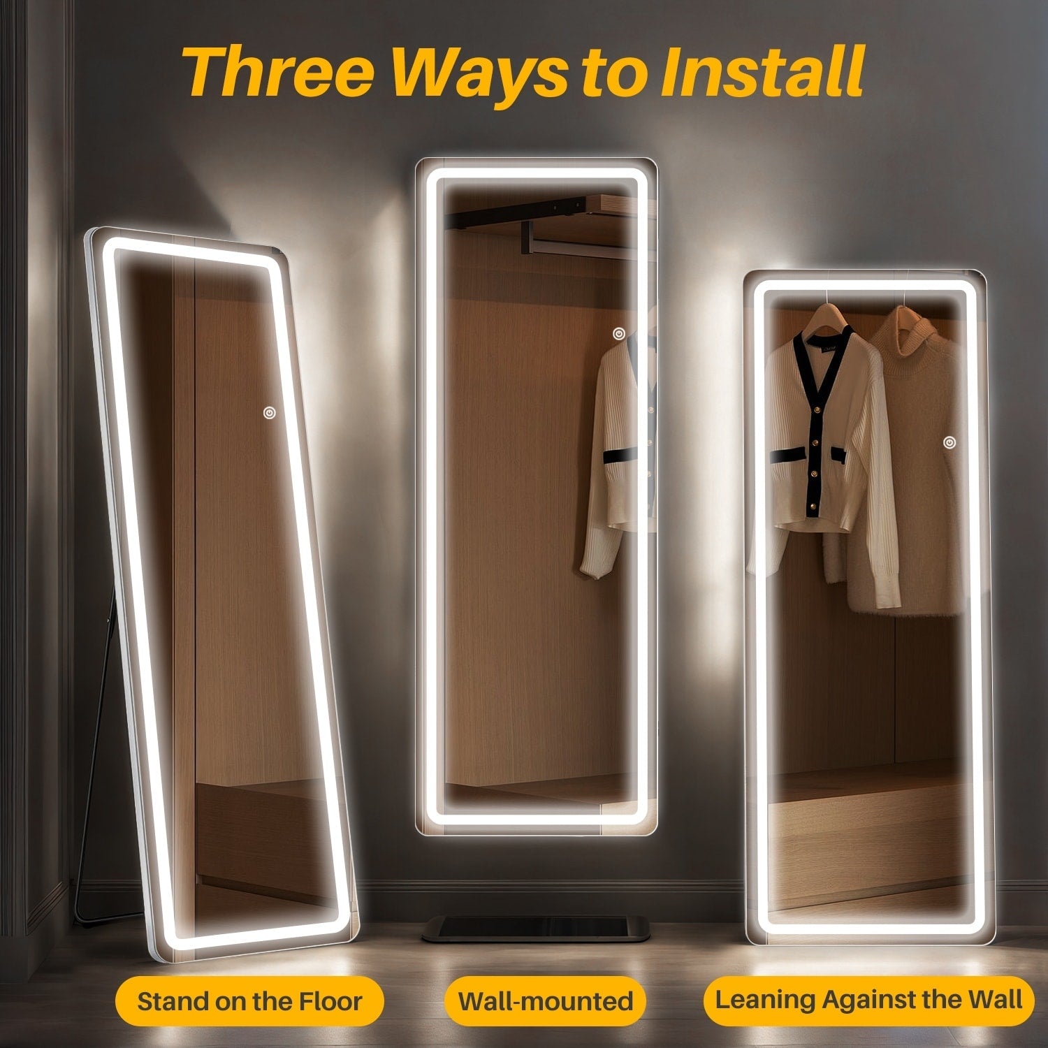 Miroir de sol avec éclairage LED, miroir pleine longueur 64 x 21 avec support, miroir suspendu, miroir mural, miroir intégral