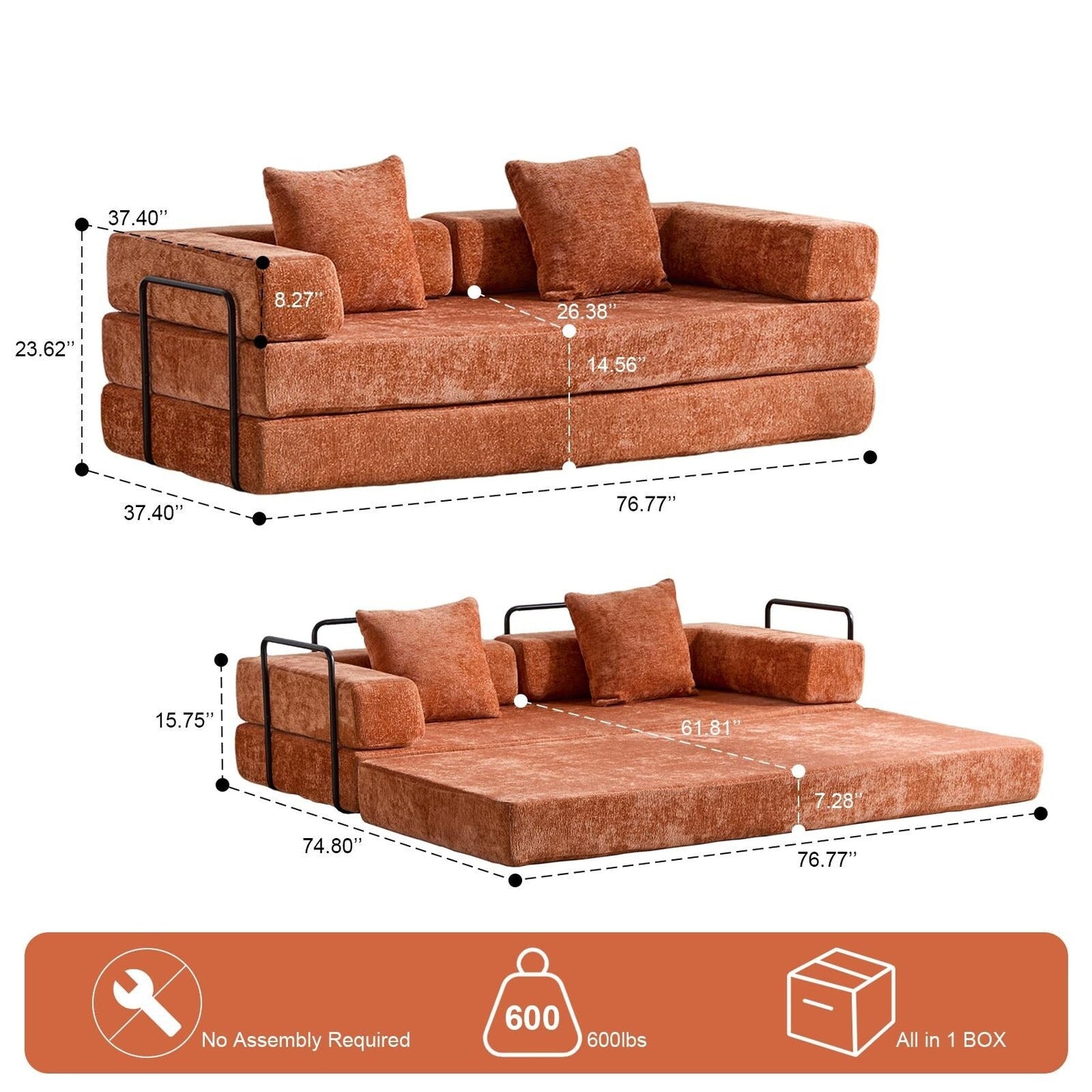 Canapé-lit convertible avec dossier coussiné en tissu chenille pour salon et chambre à coucher