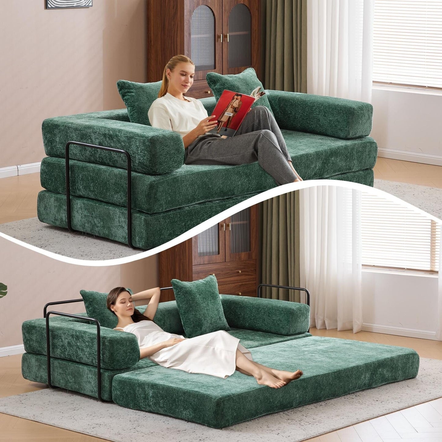 Canapé-lit convertible avec dossier coussiné en tissu chenille pour salon et chambre à coucher