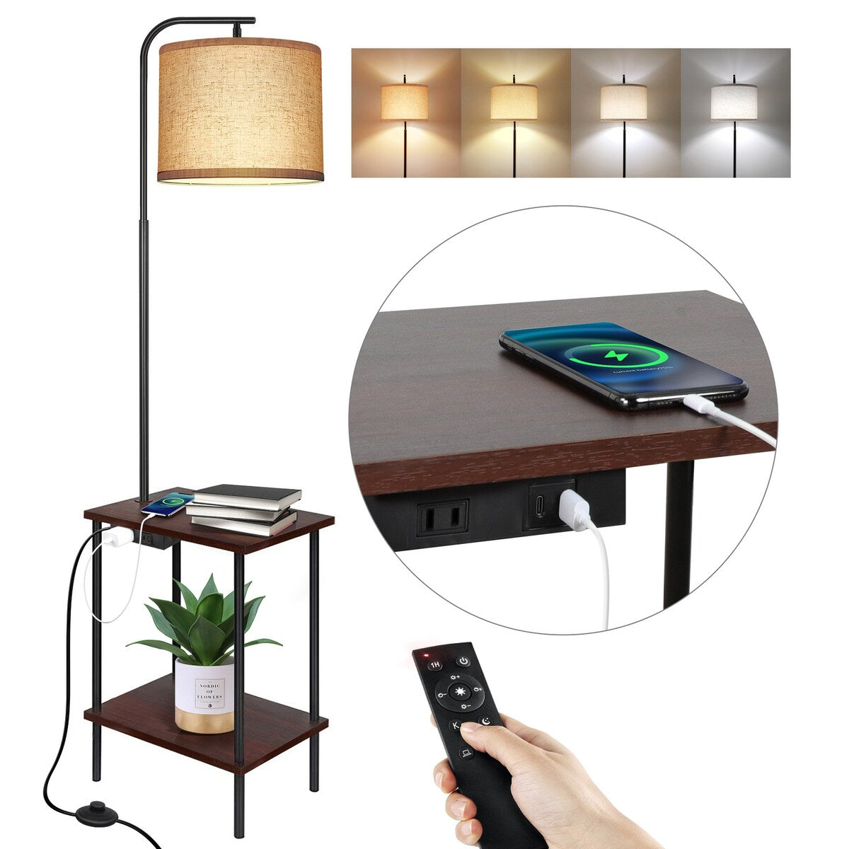 Lampadaire de 62 pouces avec table carrée pour magazines - noyer