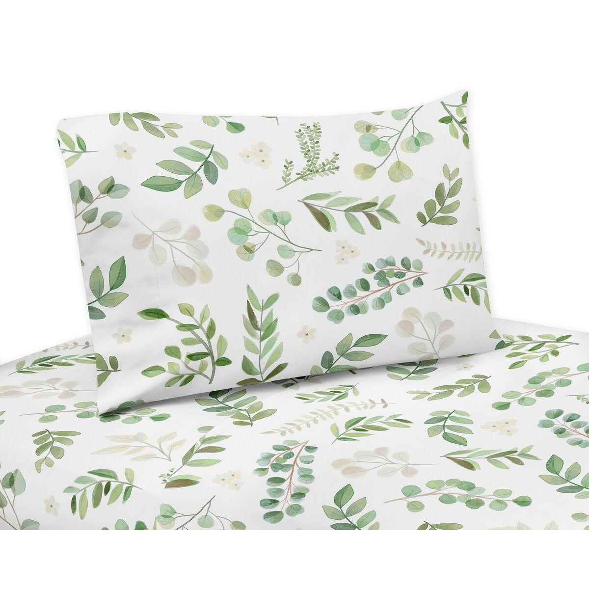 Ensemble de draps 3 pièces pour lit double, collection Floral Leaf - Vert et blanc, aquarelle, botanique, forêt, jardin tropical