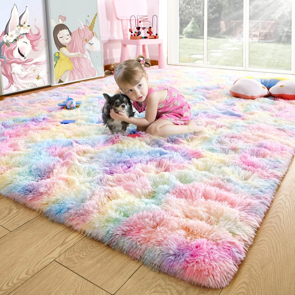 Tapis de jeu arc-en-ciel moelleux pour chambre d'enfant