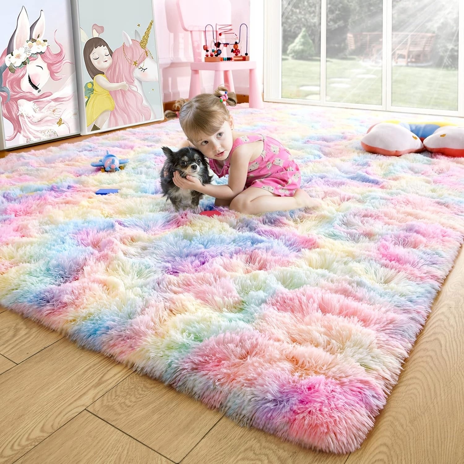 Tapis de jeu arc-en-ciel moelleux pour chambre d'enfant